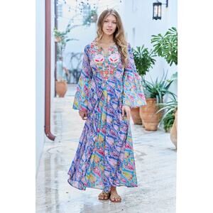 Debbie Katz South Beach Katia Maxi Dress Womens XS Floral Paisley Bell Sleeves
